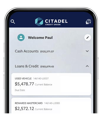 An image of a smartphone showing Citadel Online Banking