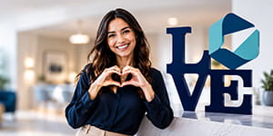 A woman making a heart with her hands next to the LOVE logo